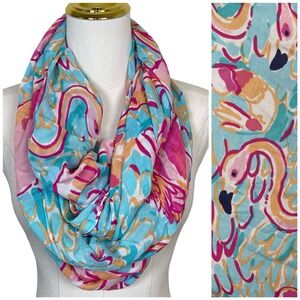 Lilly Pulitzer Flamingo Infinity Scarf Blue Pink Tropical Resortwear‎ Rayon